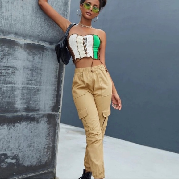 Color Block Top-Stitching Lace Up Front Cropped Tube Top - Picture 5 of 12